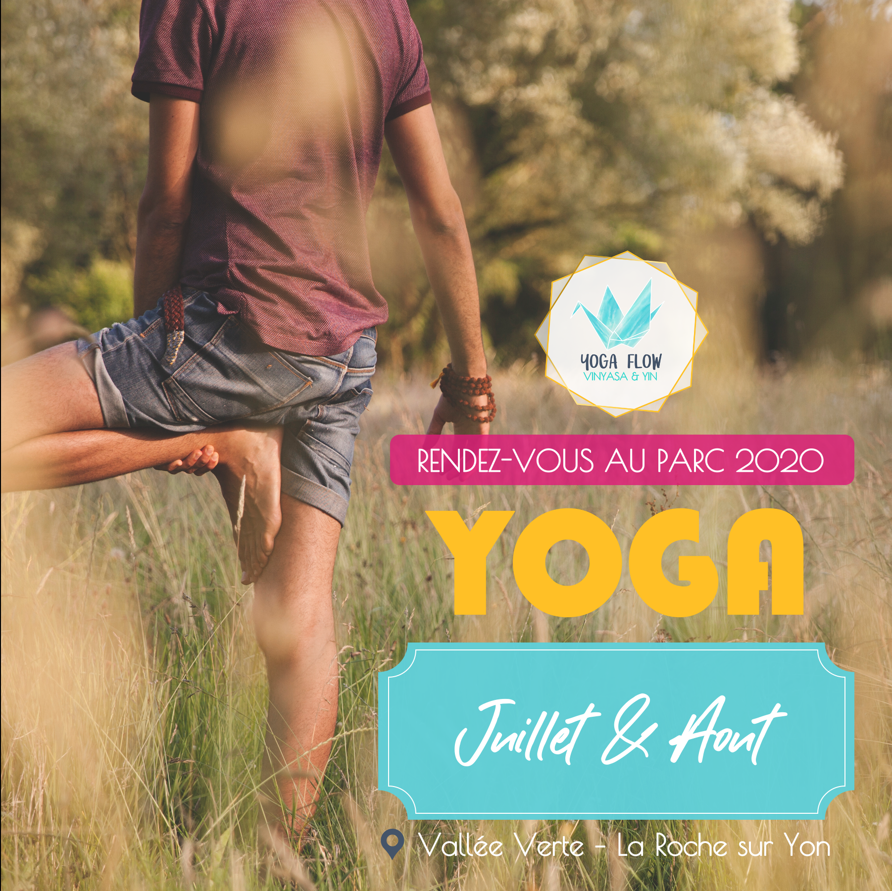 Affiche cours de yoga en extérieur, Rendez-vous au parc juillet aout 2020