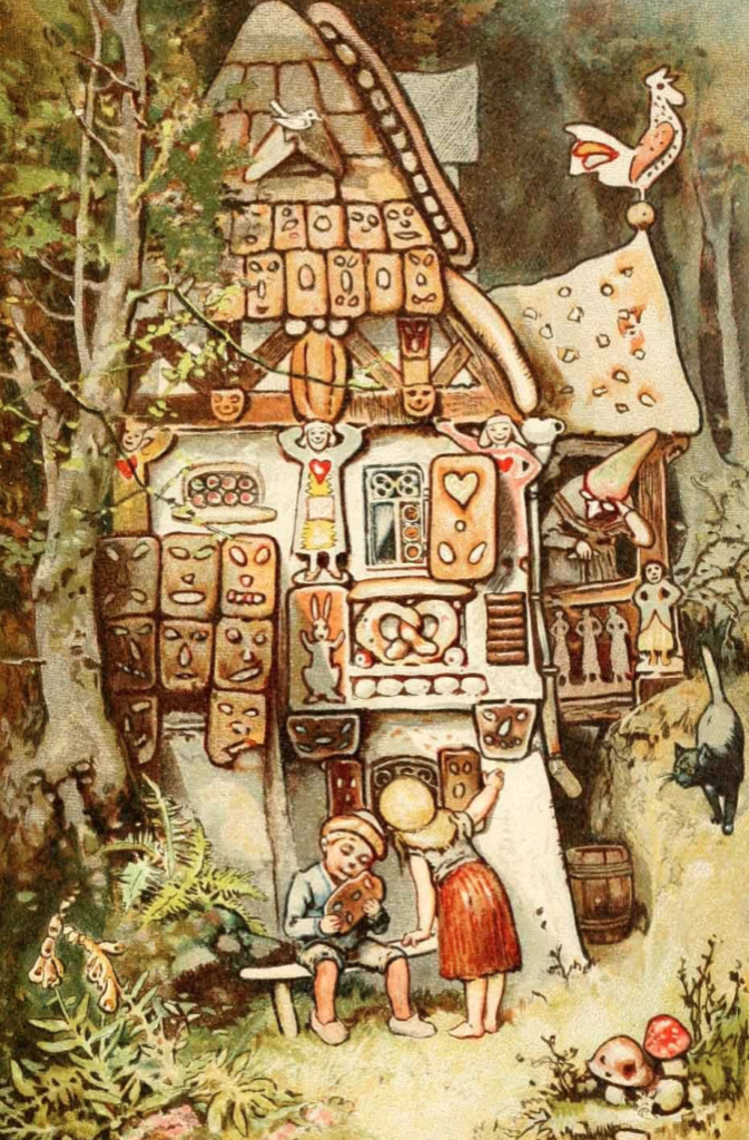 Plus de bonheur comme plus de douceurs. Illustration du conte Hansel et Gretel grignotant la maison en pain d'épice sous l'oeil de la sorcière
