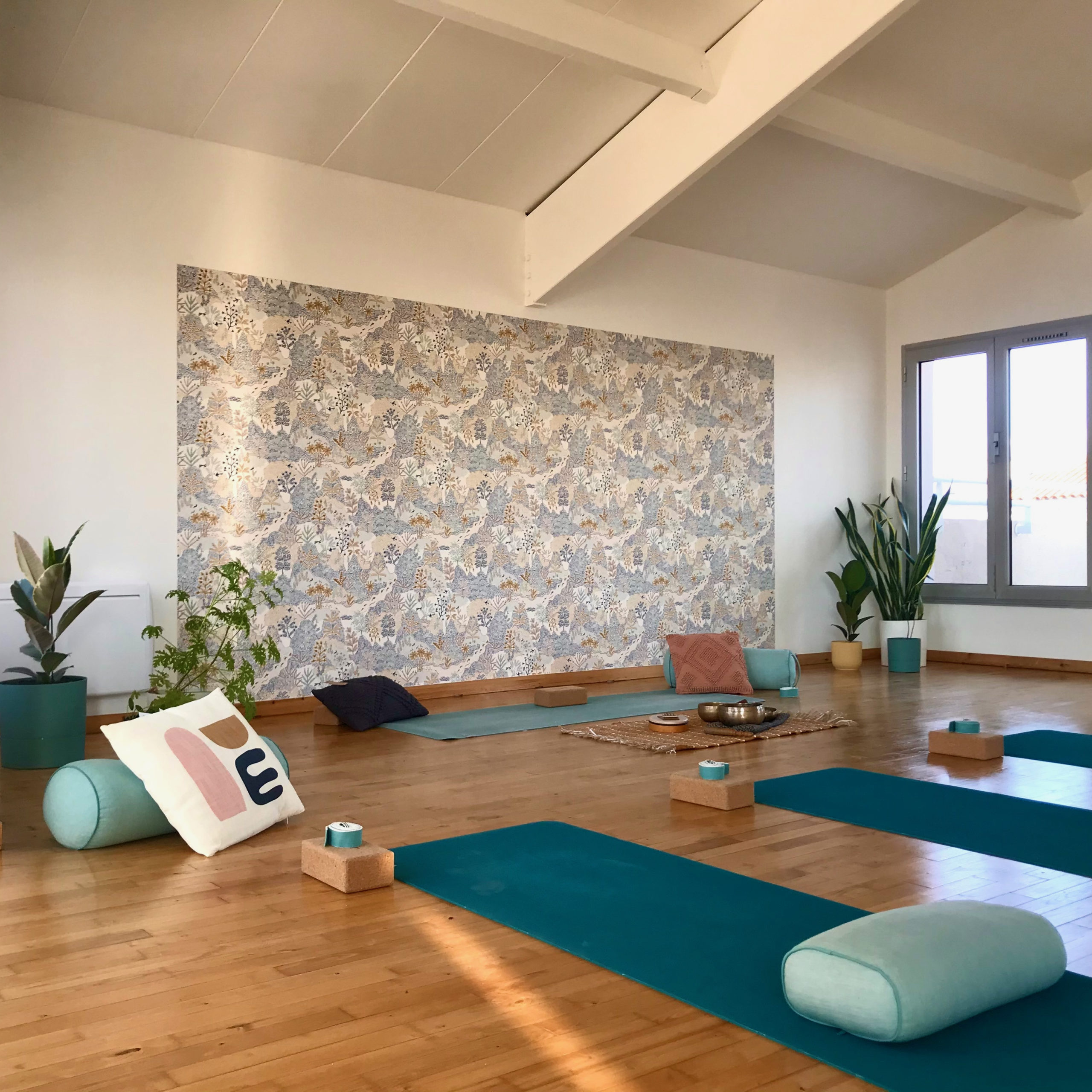 Vue de la salle de pratique avec le matériel installé, tapis, bolsters, briques et sangles