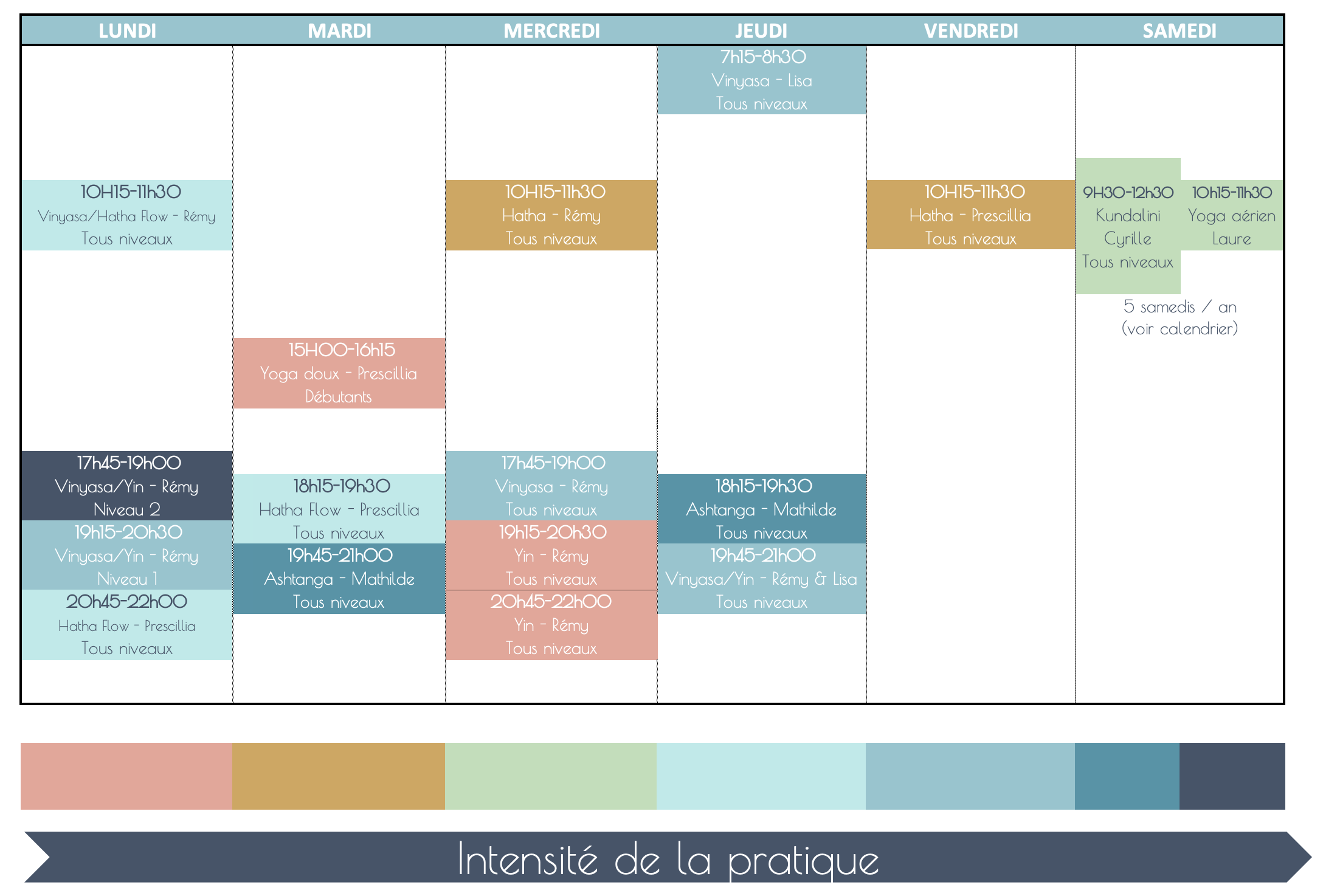 Planning des cours hebdomadaires du studio Yoga Flow La Roche sur Yon